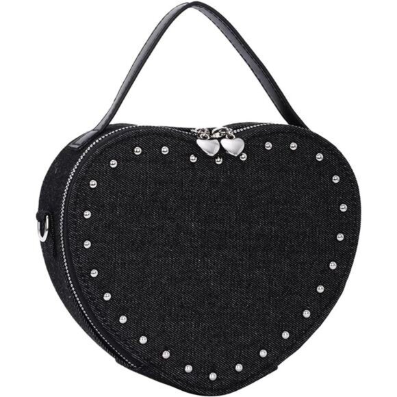 Denim Heart Purse Bag for Women Black - Picture 1 of 6